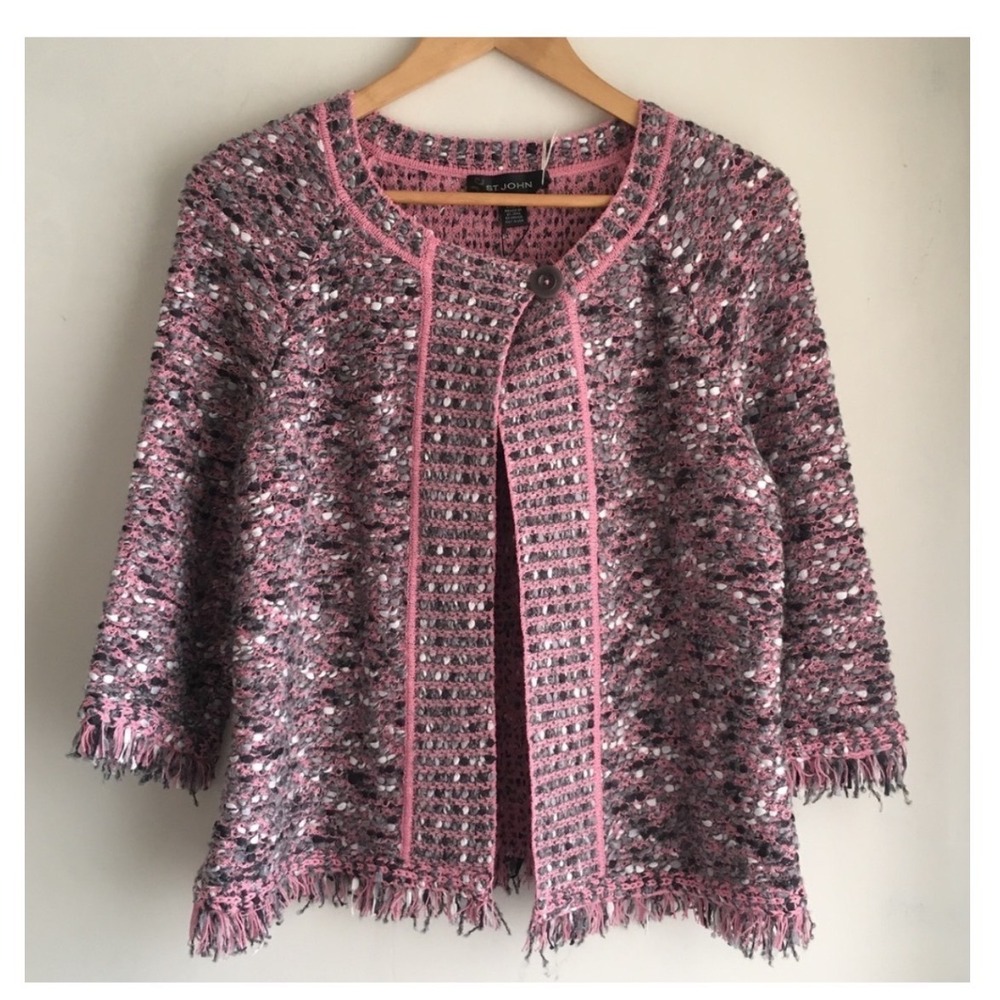 St John Cardigan Jacket Women 12 Pink Boucle Fringed Knit